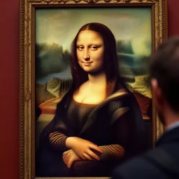 candid photograph, over the shoulder view of leonardo da vinci painting mona lisa. photorealistic. dramatic lighting, intricate details