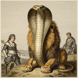 coiled cobra neck neck wearing a lion lion costume chris cold j.m.w. turner greg rutkowski giorgio de chirico ralph steadman arsen savadov dan witz uta natsume aquatint