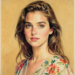 “ rachel weisz portrait by ikenaga yasunari and ayana otake and ko rakusui, 6 0 s poster, drawing, realistic, sharp focus, japanese, dreamy, nostalgia, faded, golden hues, floral clothes ”