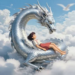 the beautiful scene render that a beautiful girl lies in the arms of a huge silver dragon in the fairyland surrounded by white clouds, in the style of makoto shinkai victo ngai and peter mohrbacher studio ghibli artgerm karol bak beeple, animation style, 8 k hd, dream, trending on cgsociety, trending on artstation, ultra wide angle, animation style, hyperrealism, 3 d render, hyper detailed