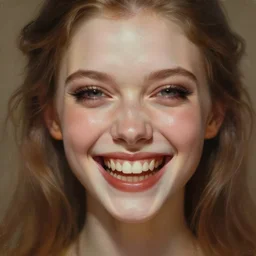 epic portrait of a beautiful girl with an unnaturally wide smile, horror smile, sharp focus, beautiful!, dewy skin, ethereal, painting, concept art, warm lighting, greg rutkowski