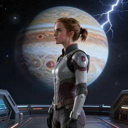 a highly detailed matte portrait emma watson as samus aran standing in a space station and looking at jupiter, sci fi and fantasy, viewed in profile from far away, crackling black lightning, ultrawide lens, art by artgerm and greg rutkowski and alphonse mucha, volumetric lighting, octane render, 4 k resolution, trending on artstation, masterpiece