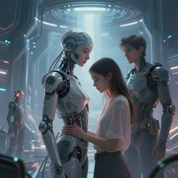 romantic video game, scifi, futurism, relationship, artificial intelligence, art by wenjun lin and artem chebokha and alena aenami and ian llanas