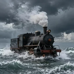 a steam engine sitting in the middle of a stormy ocean, large waves crashing over it, a detailed matte painting by richard wilson, trending on unsplash, environmental art, creative commons attribution, associated press photo, furaffinity