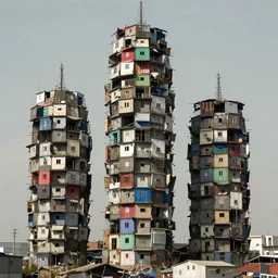 three organic looking towers, made up of makeshift squatter shacks with muted colours, dystopia, hasselblad x 1 d, fully frontal view, ultra detailed, photographed by jeanette hagglund