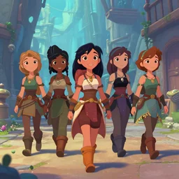 cute female warriors walking a fantasy street, fantasy, concept art, artstation, disney, pixar, dreamworks, anime, tyler edlin, feng zhu, jparked, thomas karpi