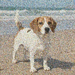 white beagle dog with brown head and one spot on beach, In the art style of Henderson, Steve