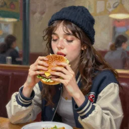 A ultradetailed beautiful panting of a stylish girl wearing streetwear eating a burger, Oil painting, by Ilya Kuvshinov, Greg Rutkowski and Makoto Shinkai