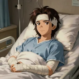 Bandaged  Spiegel bebop wakes up from hospital in the style of the Cowboy Bebop