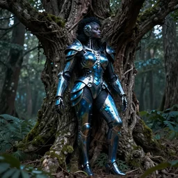 hyperrealistic post - baroque super expressive! black woman with exoskeleton armor, merging with tree in a forest, highly detailed digital art masterpiece smooth cam de leon eric zener dramatic pearlescent blue teal light ground angle hd 8 k sharp focus