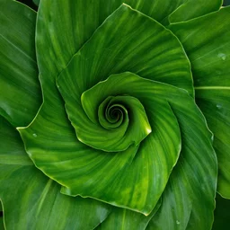 geometric spiral made of tropical green leaves, macro photo f 1. 2
