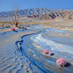 a gorgeous desert painting of death valley, separated by streams of shimmering blue sand by barlowe wayne maxfield parrish and marco mazzoni. tree no leaf!!!! china mountain village!! blue and very little light verdancy. the protruding pink clumps of rock. ultra clear detailed. 3 d, octane render. turbulent blood lake.