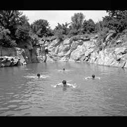 four guys swimming in a quarry, only their heads are visible, wide shot, album cover, black bars at the top and bottom, monochrome, photograph