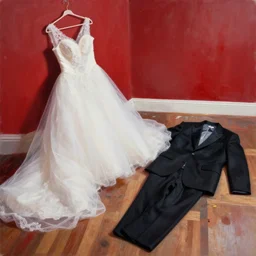 a messy painting of a bedroom floor with a wedding dress discarded in a heap and a suit on the floor. Red, black and white Color scheme.