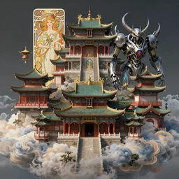 dreamland of chinese ancient architecture in clouds from chinese myth, fantastic colors, ancient japanese, gothic diablo art, rococo art, cyberpunk, mecha, ominous, intricate, studio, art by anthony macbain + greg rutkowski + alphonse mucha, concept art