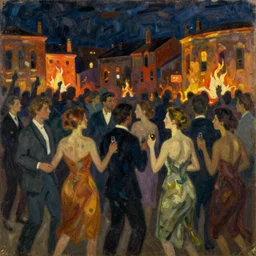 an oil painting of people partying in the night while buildings burn behind them