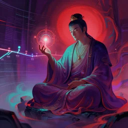 mysterious bodhisattva doing magic, looking at a timeline, red teal purple, digital art artstation trending