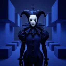 a cinematic fine portrait of an ominous faceless court jester from the dmt trip, dark blue hypercubes, hyperdimensional, the waiting room, octane render, nvidia raytracing demo, masterpiece, static noise, white noise, grainy, by jeremy pitkin, alphonse mucha, greg rutkowski, tim hildebrandt, boris vallejo, artgerm