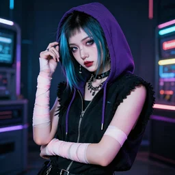 cyberpunk gorgeous tomboy with hoodie and bandage on her arms