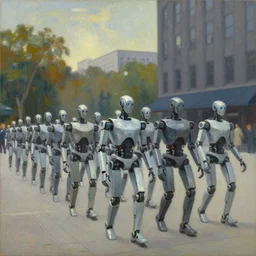 robot druids in a grand processional, capital plaza, grant wood, pj crook, edward hopper, oil on canvas