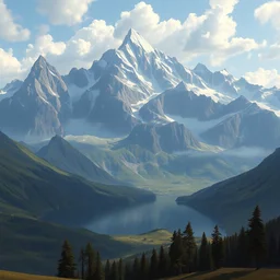 a painting of a mountain range with a lake in the foreground, a detailed matte painting by christophe vacher, deviantart, fantasy art, matte painting, bob ross, terragen