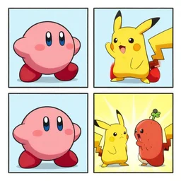 a 4-panel comic about Kirby fighting pokemon in the style of calvin and hobbes