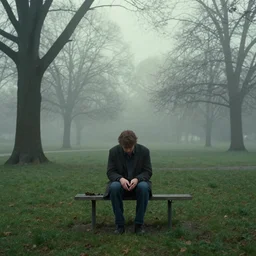 cinematic shot of a lonely man with broken heart at park, moody scene from being john malcovich directed by charlie kaufman ( 2 0 0 1 ), foggy volumetric light morning, anamorphic lenses, kodak color film stock