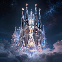 luminous cathedral of dreams and nightmares floating on cosmic cloudscape, futurism, dan mumford