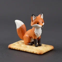 A wooden statuette of a fox on a piece of cracker. solid Background.