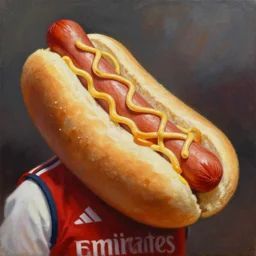 a painting portrait of humanoid hot dogs in arsenal jersey, kinkade,