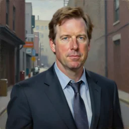 a perfect, realistic professional oil painting in classicism style, of Tucker Carlson posing in a dystopian alleyway, close-up, by a really great American senior artist on ArtStation, a high-quality Hollywood-style concept