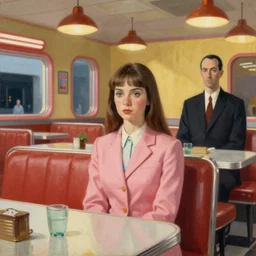 lone girl waiting inside a 70s diner, stanley kubrick the shinning, american gothic, vibrant colors americana, cinematic, volumetric lighting, ultra wide angle view, realistic, detailed painting in the style of Edward Hopper and René Magritte
