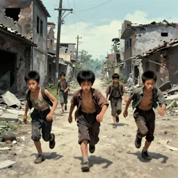 a few kids hustling in streets post - war, post - apocalypse, yoji shinkawa
