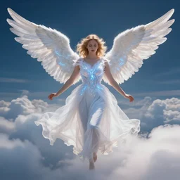 a beautiful technological angel in the clouds