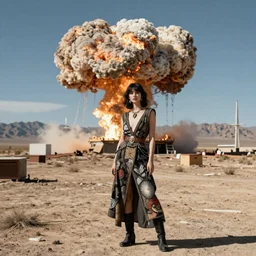 fashion editorial in nuclear explosion. Nevada desert test site. wide angle shot. highly detailed. depth of field. high definition. 8k. photography.