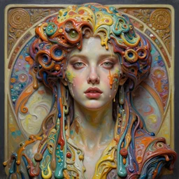 a beautiful woman made from melting wax in intricate detailed color oilpaint, 3 d render, hyper realistic detailed portrait, distopian surrealism, intense colors, scifi, fantasy, hyper detailed, octane render, concept art, by peter mohrbacher, by alphonse mucha, by wlop, by ruan jia