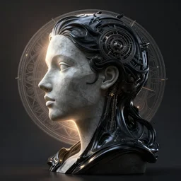 epic illustration, digital abstract sculpt of beautiful female face silhouette and black swirling liquifying concrete acrylic portrait, black latex sculpt, octane render, mechanical superstructure, sacred geometry, glowing edges, magic hour, beautiful light, sculpture of carving marble, dark colors, dark mood, one point light, spirals, clockwork, epic matte painting, concept art, smooth, digital painting, artstation