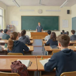 view of a highschool classroom from the teachers desk perspective, hyper detailed realistic oil painting art by michael whelan