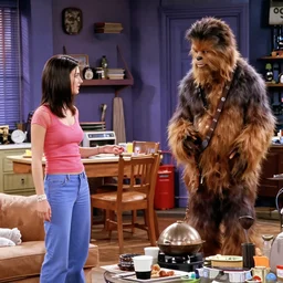 90's Sitcom, Friends. Shot of Monica and Rachel's apartment with Ross (Played by Chewbacca), Chandler (played by Han Solo), Joey (Played by Darth Vader), Rachel (Played by Princess Leia), Monica (Played by Luke Skywalker), and Pheobe (Played by C3P0)