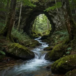 creek flowing out of a cave opening in the middle of a forest, fantasy, art by greg rutkowski