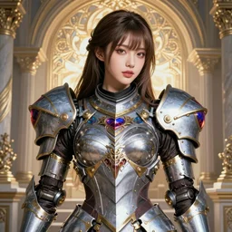 studio portrait of lawful good colorful female holy mech paladin as absurdly beautiful, elegant, young skinny sensual gravure idol, ultrafine hyperrealistic detailed face illustration by kim jung gi, irakli nadar, intricate linework, sharp focus, bright colors, matte, octopath traveler, final fantasy, unreal engine highly rendered, global illumination, radiant light, intricate environment