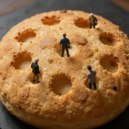 high quality close - up photo of giant crumpet with tiny people coming out of the holes, highly detailed, cinematic lighting, ricardo bofill anka zhuravleva, dramatic lighting, top shot, uhd 8 k, shallow depth of field