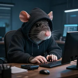 “giant rat hacker wearing a hoodie typing at a computer”