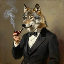 portrait of an aristocratic wolf wearing a tuxedo and smoking an old pipe, painting by ida rentoul outhwaite, artstation, cgsociety