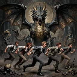 people running terrified of the love dragon, high detail, 8k, ornate, dark fantasy, realistic, masterpiece, complex, WLOP, by Pablo Picasso and Greg rutkowski, centered