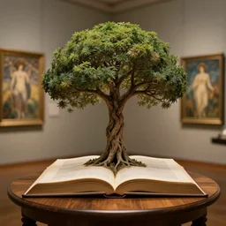 tree of life growing out of a book, on a wooden table, inside a museum, rim light, extremely detailed, masterpiece, artstation, cinematic lighting, photographic, by greg rutkowski and alphonse mucha, wolp, simon stalenhag