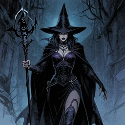 witch, detailed, comic book texture, halloween night, 4 k symmetrical portrait, ashley wood, mike mignola, trending on artstation, norman saunders