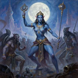 fantasy art, action portrait oil painting, perfect expression, subconscious connects, purified consciousness, mahabharata war, beautiful battle, tiefling darkblue skin, moon, foundation, alien world, artifacts, valerian city luminous skies, digital art, michael cheval, peter mohrbacher, jessica rossier, loish, yasushi nirasawa, moebius, alex