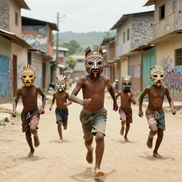 a film still from Tekkonkinkreet by Ian McQue , 4 kids wearing african tribal masks with graffiti war paint run through dusty street of favela city, vibrant, 35mm lens, Dutch angle, video game character design, 2d game lineart behance hd, studio, dramatic lighting, cinematic, global illumination, trending on Artstation, bloom