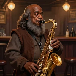 picture of a jazz playing tolkien dwarf in a pub, male, black skin, saxophone, face details, shapely, extremely detailed, smooth, sharp focus, digital illustration, by artgerm, rossdraws, sakimichan